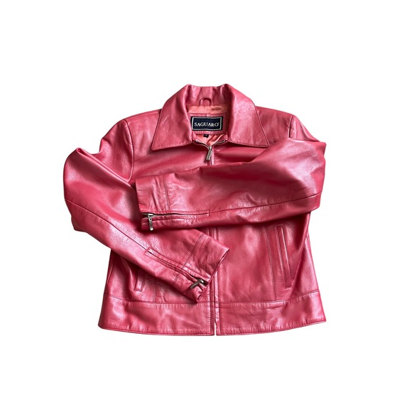 Saguaro Jackets & Blazers - Women's Saguaro Hot Pink Leather Full Zip Moto Biker Leather Jacket Size Large